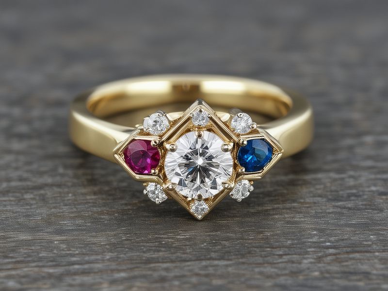 Modern geometric engagement ring with colored gemstones